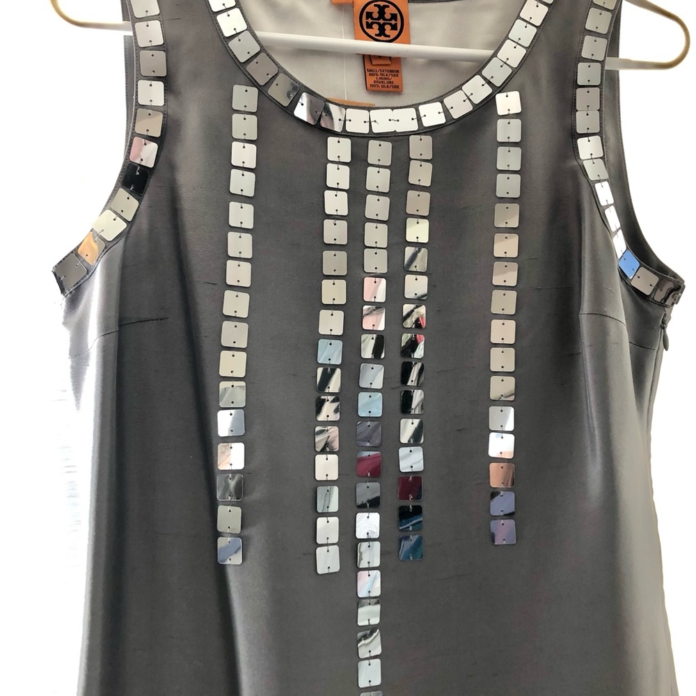 Tory Burch Holiday Shift Dress in Dove Grey Silk with Silver Mod Sequins.